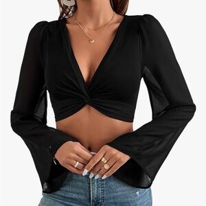 Women's Twist Front V Neck Bell Long Sleeve Tee Crop Tops